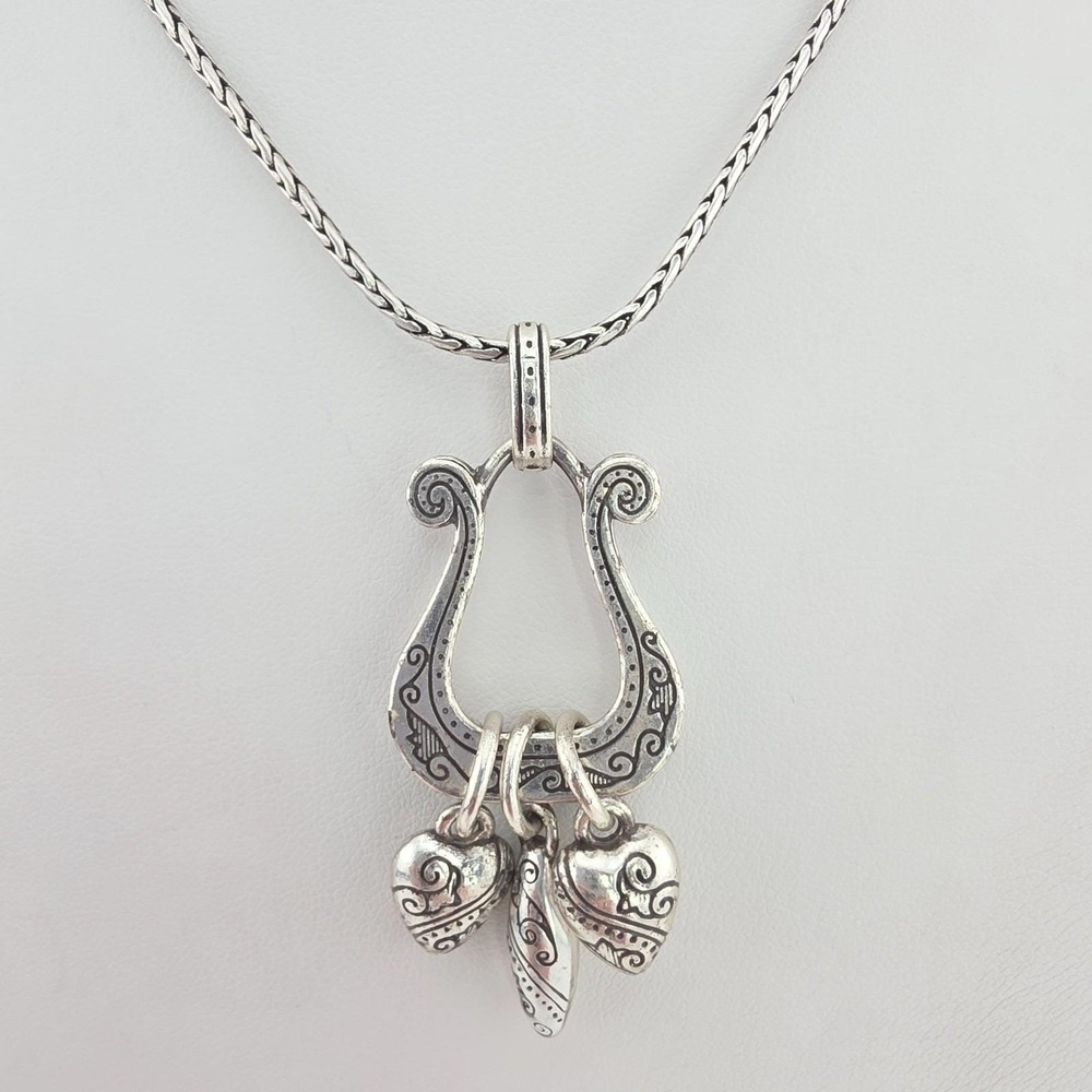 BRIGHTON 'One World' Charm Necklace Harp Puffy Heart Charms Silver Plate 36"
